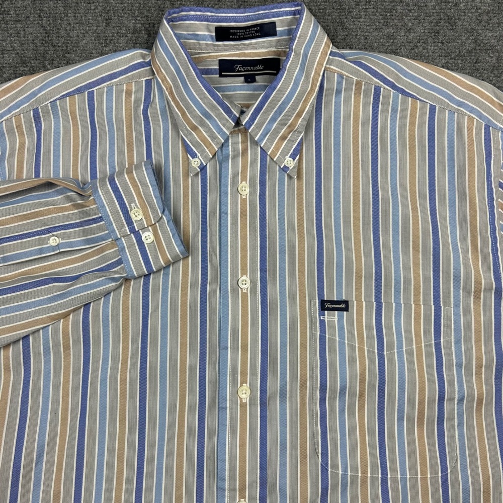 Faconnable Button Down Shirt Mens L Blue Tan Striped Cotton Long Sleeve VTG